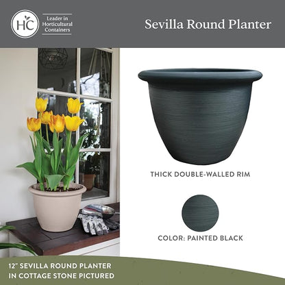 The HC Companies Sevilla Flower Planters - Outdoor & Indoor Planter - Round Self Watering Plant Pots for Herbs & More (16”, Painted Black, Pack of 2)