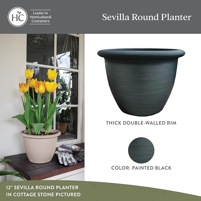 The HC Companies Sevilla Flower Planters - Outdoor & Indoor Planter - Round Self Watering Plant Pots for Herbs & More (9”, Painted Black, Pack of 2)