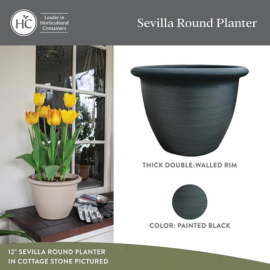 The HC Companies Sevilla Flower Planters - Outdoor & Indoor Planter - Round Self Watering Plant Pots for Herbs & More (9”, Painted Black, Pack of 2)