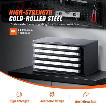 VEVOR Five-Drawer 2-56-#12-28 Steel Dispenser Organizer Labels, 60-Compartment Stackable Cabinet for Tap Storage, Gray with Orange Texture