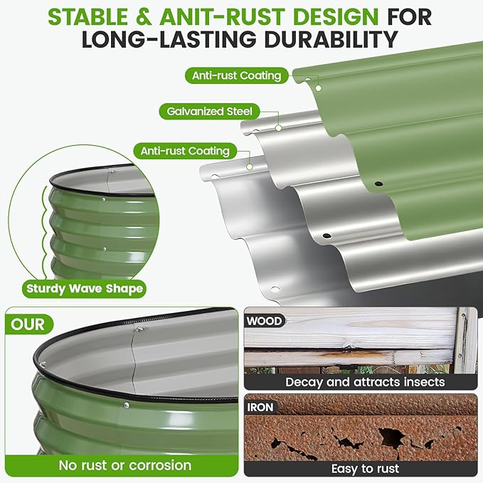 Galvanized Raised Garden Bed Outdoor |17'' Tall Planter Box Outdoor for Deep Root Plants | 3Pcs Raised Bed Kit for Gardening with Rubber Strip for Vegetables Flowers Fruits (Olive Green, 4x2x1.4FT)