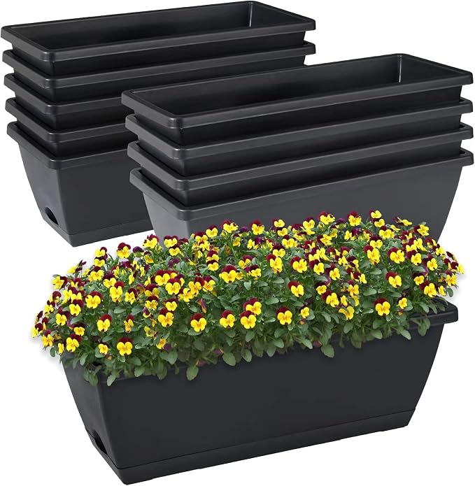 CHUKEMAOYI Window Box Planter, 10 Pack Plastic Vegetable Flower Planters Boxes 17 Inches Rectangular Flower Pots with Saucers for Indoor Outdoor Garden, Patio, Home Decor (Black)