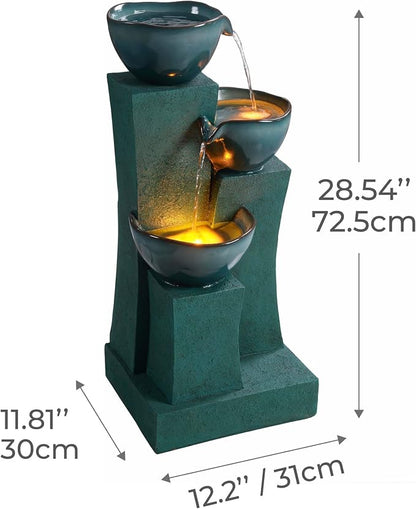 Teamson Home 28.54 in. 3-Tier Cascading Outdoor Water Fountain, Green | LED Lights, For Gardens, For Landscaping, For Patios, For Balconies