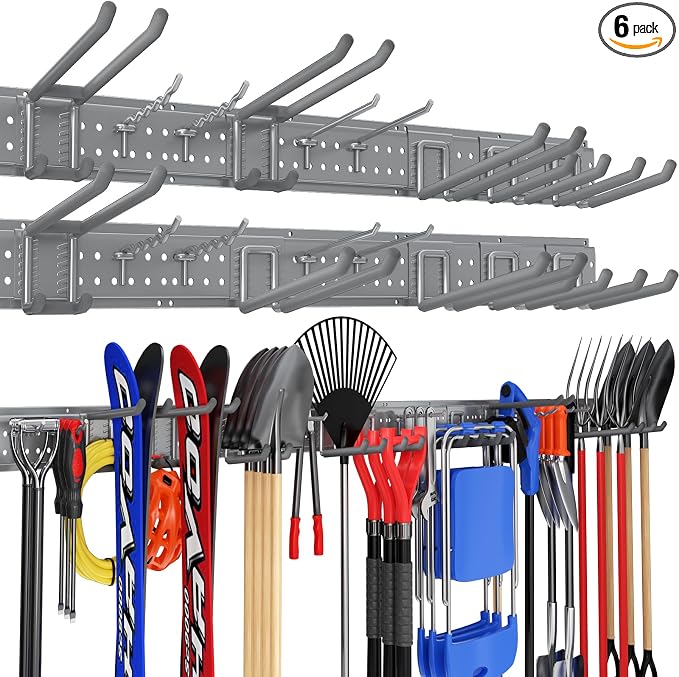 Garage Tool Organizer Wall Mount 99 inches with 18 Adjustable Heavy-Duty Hooks, Garage Organization, Garden Tool Storage Rack, Yard, and Shed, Holds Up to 750 lbs (Grey)