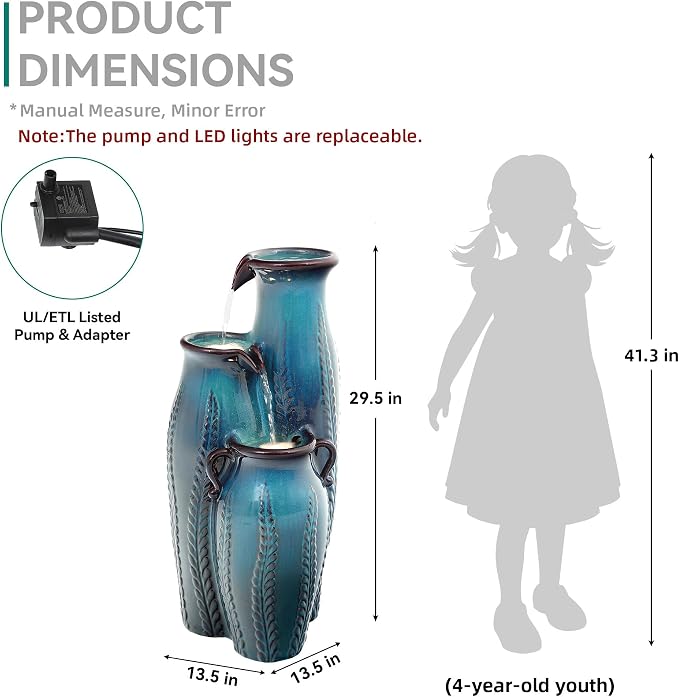 29.5" H Ceramic Outdoor Water Fountain with LED Lights, 3-Tier Vase Cascading Water Feature, Turquoise with Embossed Leaf Patterns, Tranquil Waterfall for Garden, Patio, Yard, or Porch