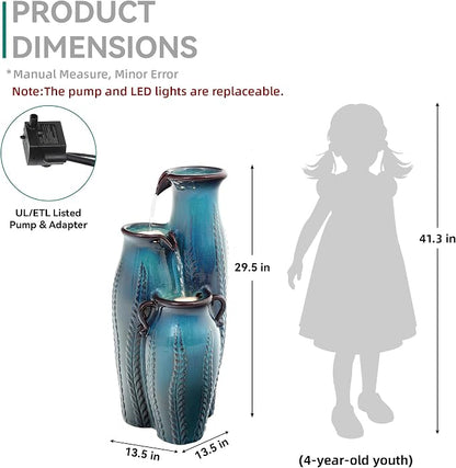 29.5" H Ceramic Outdoor Water Fountain with LED Lights, 3-Tier Vase Cascading Water Feature, Turquoise with Embossed Leaf Patterns, Tranquil Waterfall for Garden, Patio, Yard, or Porch