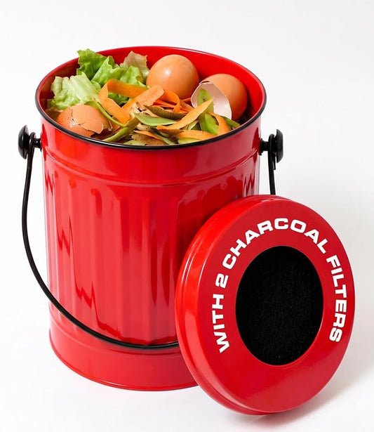 Plexon Countertop Compost Bin Kitchen with Lid, Red 1.5 Gallon Odorless Compost Container, Steel Food Compost Bucket for Kitchen with Charcoal Filter, Pail for Countertop