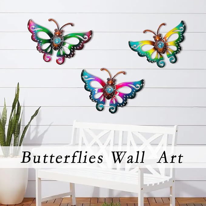 Garden Decor Metal Butterfly Wall decor, Wall Art Hanging for Patio Fence | BVLFOOK; 3D Design; Set of 3, 9 inch; Indoor & Outdoor; Great Gift for Family; garden décor; living room decor