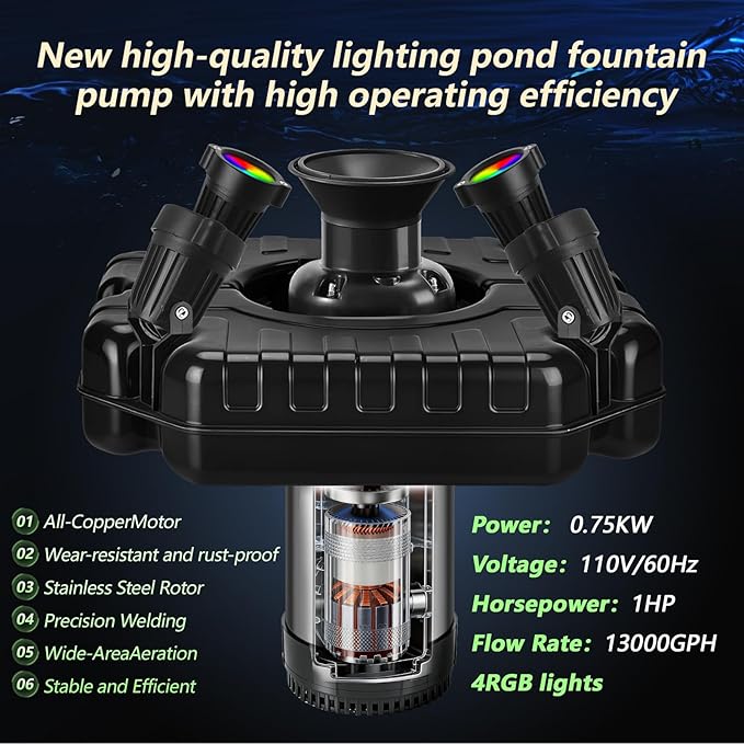 Pond Fountain Aerator, 1HP 110V 750W Floating Pond Fountain, With4 RGB Lights，100 FT Power Cord，Waterproof Timer，2x100 FT Traction Rope，Floating Water Fountains for Ponds