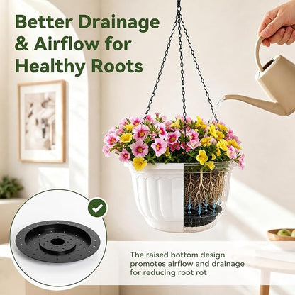 YIKUSH 12 Inch Hanging Planters for Outdoor Plants, 2 Pack Plastic Hanging Flower Pots with Drainage Hole & Tray, Hanging Basket Style Pots for Porch Patio Balcony Decor (White)