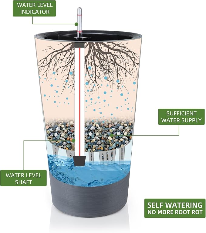 Dexceder 22x13 Self Watering Tall Planter (Gray, Wire Drawing) | High Cylinder, Thickened Large Floor Standing Flower Plant Pot with Water Level Indicator Indoor Outdoor