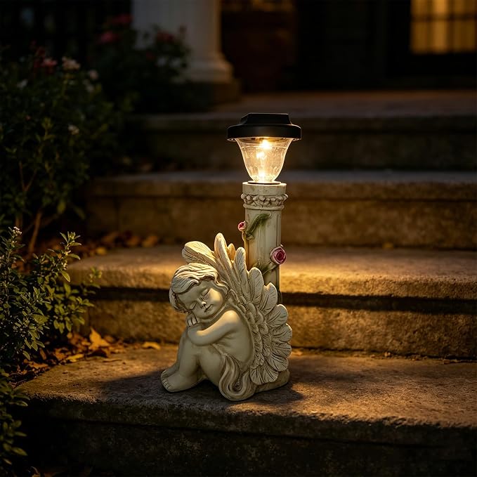 Angel Statue with Solar Light,White 12.9IN | Resin Solar Statues Outdoor Decorations for Home Patio Lawn Yard Balcony, Gift For Mom/Grandma/Garden Lovers