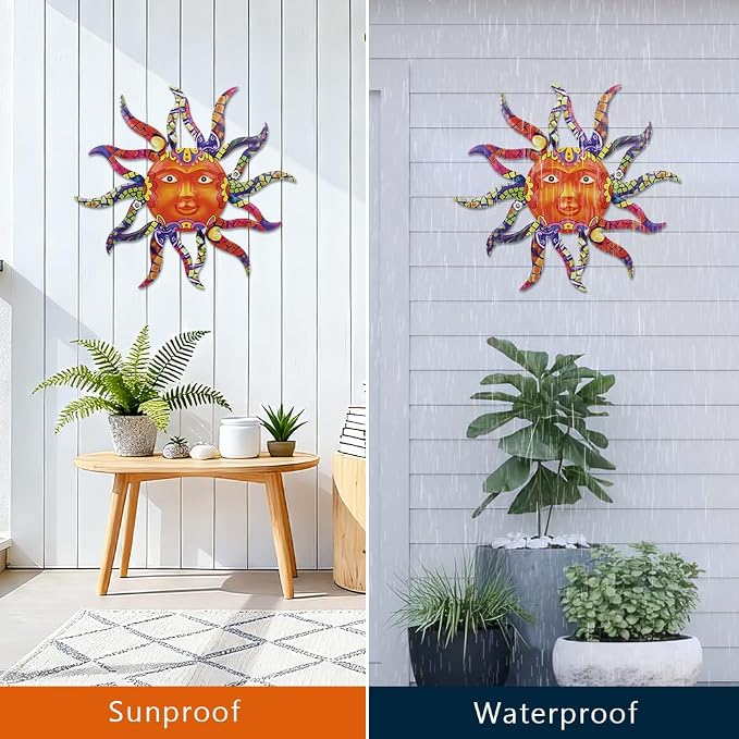 VEWOGARDEN Sun Outdoor Wall Decor, 29" Waterproof Large Metal Wall Art for Home Outside Patio Garden Fence Decorations, Colorful