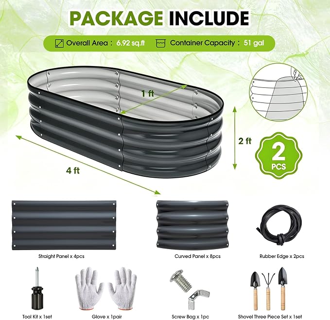 4x2x1ft(2 Pack) Galvanized Raised Garden Bed Outdoor, Oval Large Metal Planter Garden Boxes for Gardening, Planting Deep Root Vegetables, Herbs, Fruits, Flower, Rustproof, Rubber Strip, Gray