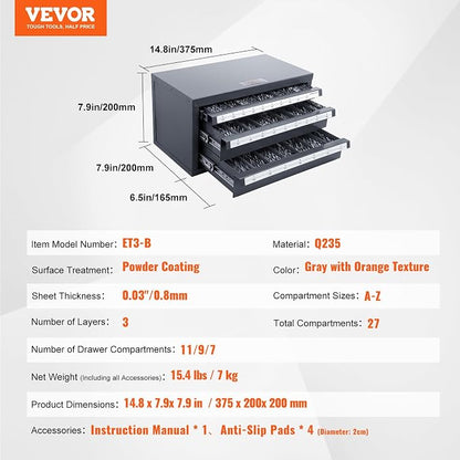 VEVOR Drill Bit Dispenser Cabinet, Three-Drawer Drill Bit Dispenser, Drill Bit Organizer Cabinet Cold Rolled Steel, 27-Compartment Drill Dispenser Organizer Cabinet Holder for Letter Sizes A to Z