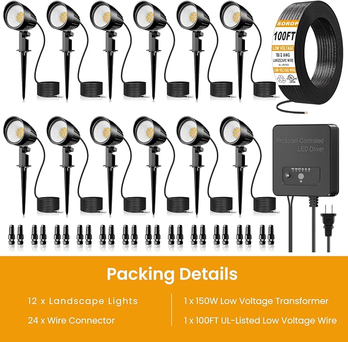 12W Landscape Lighting Kit, Low Voltage Landscape Lights with 150W Transformer 100FT UL-Listed Wire & Connectors, 2700K Waterproof Outdoor Spot Lights for Yard House Tree 12V-24V 12Pack