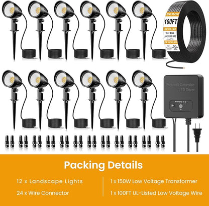 12W Landscape Lighting Kit, Low Voltage Landscape Lights with 150W Transformer 100FT UL-Listed Wire & Connectors, 2700K Waterproof Outdoor Spot Lights for Yard House Tree 12V-24V 12Pack