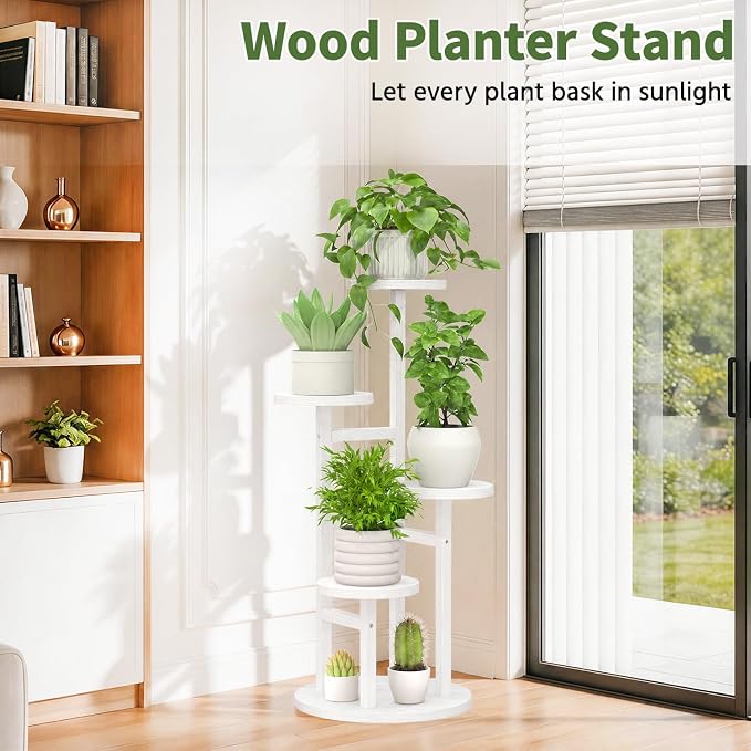 LASZOLA 4 Tiered Wood Plant Stand Indoor Corner, Flower Holder Rack Tall for Multiple Plants, Rustic Planter Shelf Display for Patio Garden Balcony Living Room, White