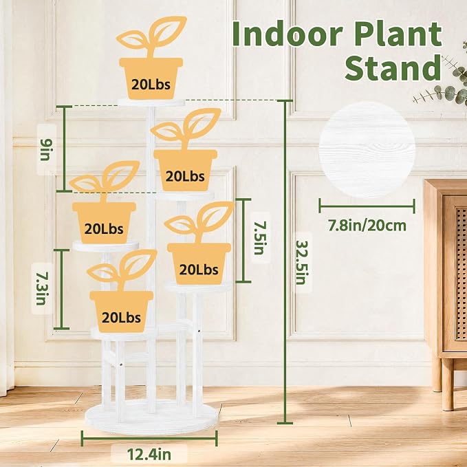 LASZOLA 5 Tiered Wood Plant Stand Indoor Corner, Flower Holder Rack Tall for Multiple Plants, Rustic Planter Shelf Display for Patio Garden Balcony Living Room， White