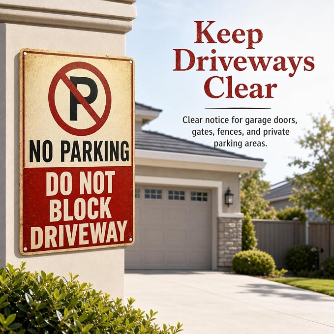 No Parking Tin Sign, 12 x 8 Inch Do Not Block Driveway Aluminum Metal Wall Decor, Vintage Parking Notice for Garage, Gate, Fence, Carport