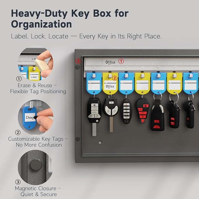 WeHere 16 Key Lock Box - Wall Mounted Key Cabinet with 3-Digit Combination Lock & Backup Key, Key Organizer Lockbox for Home, Office, Rental, Property Management, Includes Key Tags