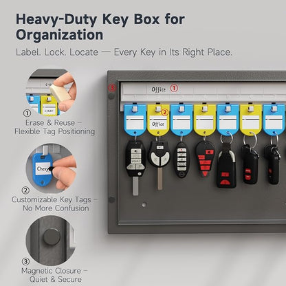 WeHere 16 Key Lock Box - Wall Mounted Key Cabinet with 3-Digit Combination Lock & Backup Key, Key Organizer Lockbox for Home, Office, Rental, Property Management, Includes Key Tags