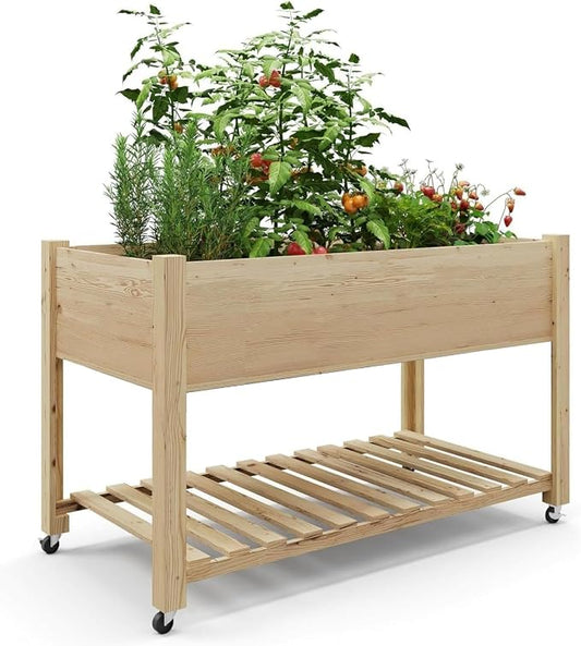 Tall Wooden Raised Garden Bed with Wheels & Storage, 48x24x32 Inch Elevated Planter Box with Waterproof Liner, Mobile Indoor/Outdoor Planters for Vegetables, Herbs, Flowers on Patio, Balcony & Yard