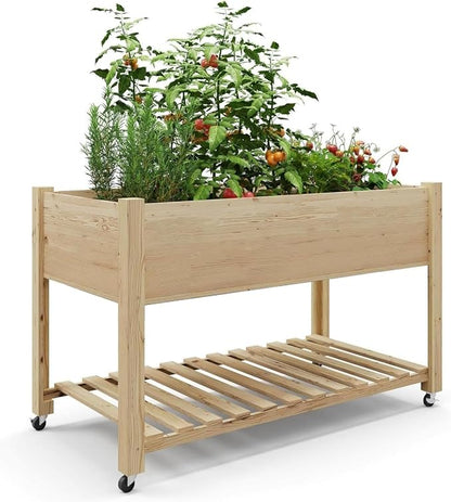 48x24x32 Inch Tall Wooden Raised Garden Bed – Planter Box with Locking Wheels & Bottom Storage Shelf – Waterproof Liner Included for Outdoor/Indoor Use – Grow Herbs, Veggies, Flowers – Easy Assembly