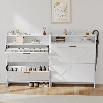 Mericonia Farmhouse Shoe Cabinet with 2 Flip Drawers, Shoes Storage Cabinet, Freestanding Shoe Rack Organizer for Entryway, White