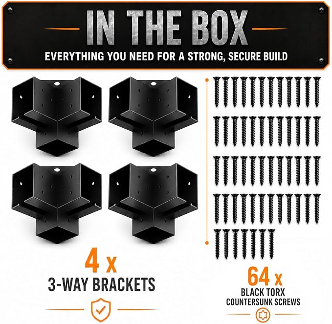Pergola Brackets, 4x4 3-Way Heavy Duty Pergola Kit, 4pcs Right Angle Corner Bracket, Anti-Resistant Q235 Steel, 3.6"x3.6" Inner Fit for DIY Garden, Patio, Gazebo - Includes Screws (4-Pack).