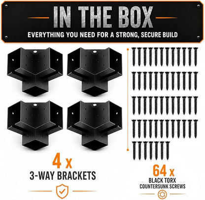 Pergola Brackets, 4x4 3-Way Heavy Duty Pergola Kit, 4pcs Right Angle Corner Bracket, Anti-Resistant Q235 Steel, 3.6"x3.6" Inner Fit for DIY Garden, Patio, Gazebo - Includes Screws (4-Pack).