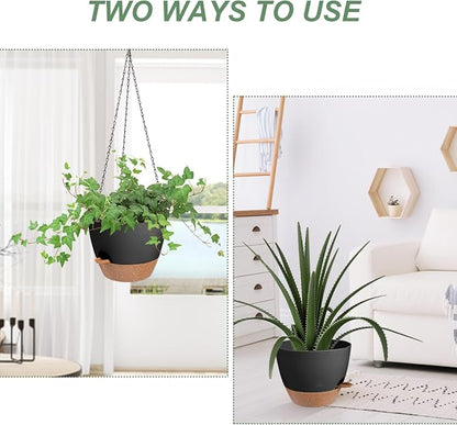 Vanslogreen Hanging Planters for Indoor Outdoor Plants, 1 Set Self Watering Hanging Pot with Drainage Holes & Removable Tray, Black, 12 Inch