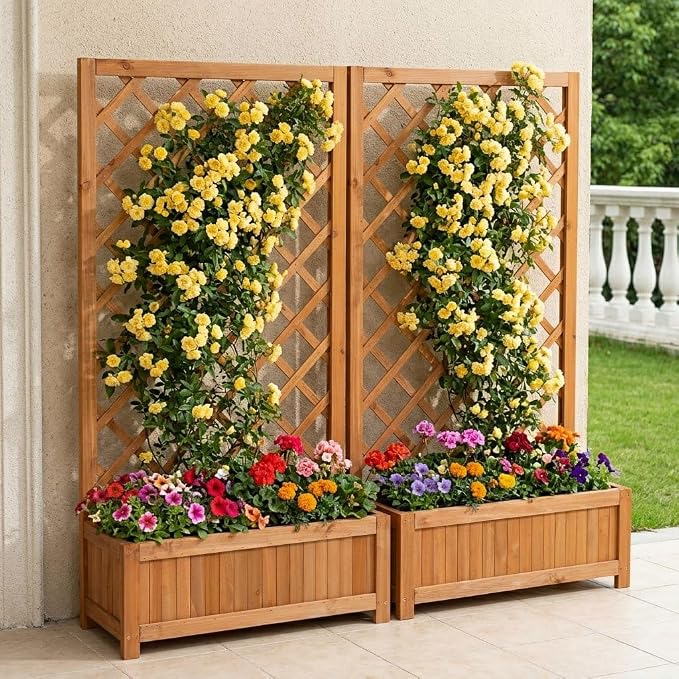 Wooden Raised Garden Bed with Trellis, 47" Outdoor Planter Box for Climbing Plants, Vertical Warm Brown Garden Planter for Vegetables, Flowers & Vines, Lattice Plant Support for Patio Yard Balcony