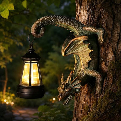Solar Dragon Tree Hugger Statue Wall Decor - Whimsical Garden Statue with Solar Lantern, Outdoor&Yard Decor, Fantasy Dragon Figurine for Trees, Walls, or Fences - Unique Gifts for Women & Men