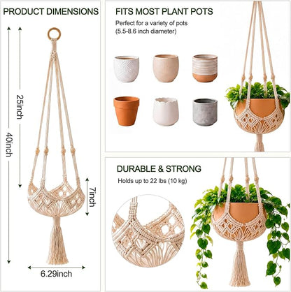 Shappy 1 Pack Boho Macrame Plant Hanger, Large Hanging Planter Plant Holder Pot Hanger Hanging Basket Wall Planters, Plants Lover Gift for Indoor Garden (Wooden Ring and Wooden Beads,White)