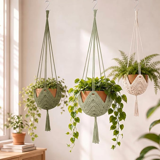 Shappy 3 Pack Boho Macrame Plant Hanger, Large Hanging Planter Plant Holder Pot Hanger Hanging Basket Wall Planters, Plants Lover Gift for Indoor Garden (Classic,Avocado Green,Bean Green,Cream)
