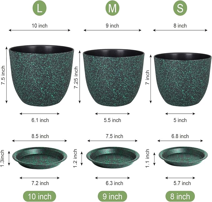 WSMKSZ Plant Pots 10/9/8 inch, Set of 3 Modern Decorative Plastic Planters with Drainage Holes and Saucers for Garden House Plants, Flower Pots for Indoor Outdoor Plants, Black with Green Speckles