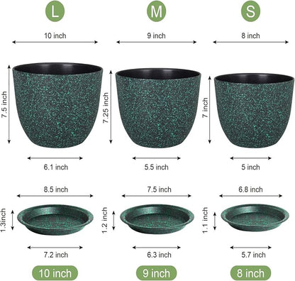 WSMKSZ Plant Pots 10/9/8 inch, Set of 3 Modern Decorative Plastic Planters with Drainage Holes and Saucers for Garden House Plants, Flower Pots for Indoor Outdoor Plants, Black with Green Speckles