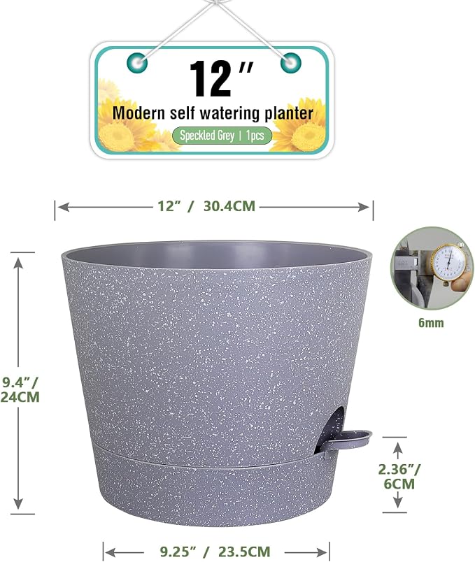 Meowell 12 inch Large Self Watering Pots for Indoor Outdoor Plants, Plant Pots with Mesh Drainage Holes for Garden House Plants, Plastic Planters with Reservoir for Flower, Speckled Grey