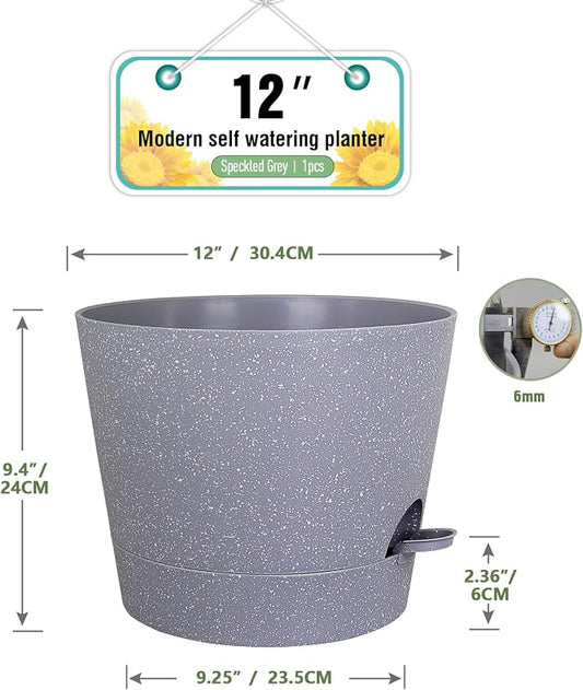 Meowell 12 inch Large Self Watering Pots for Indoor Outdoor Plants, Plant Pots with Mesh Drainage Holes for Garden House Plants, Plastic Planters with Reservoir for Flower, Speckled Grey