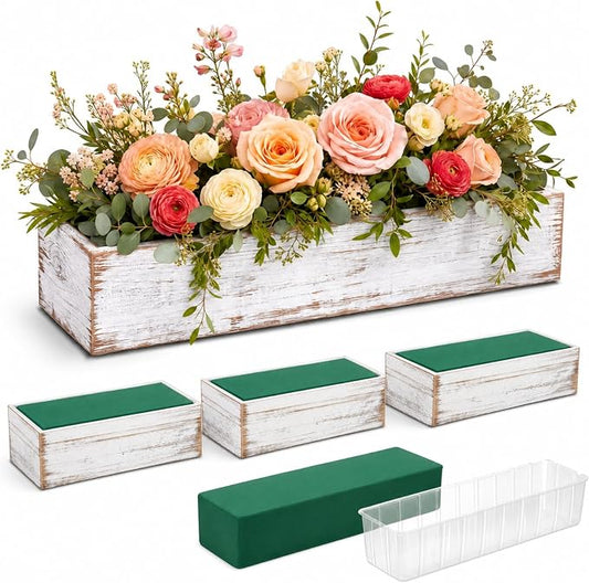 Dandat 3 Set Wood Boxes for Centerpieces 16x4 Inch Rectangle Wooden Planter Box Rustic Wooden Planters with Removable Plastic Liner Floral Foam Blocks for Christmas Wedding Home Garden Decor(White)