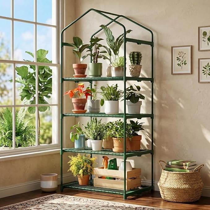 Superlele Mini Greenhouse, Plant Stand for Indoor Outdoor, 27x19x62-Inch Plant Greenhouse, 4 Tier Plant Shelf with Green PE Mesh Cover, Portable Greenhouse for Seeding, Gardening Gifts