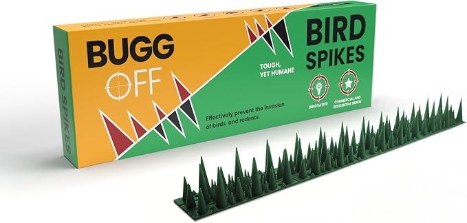 BUGGOFF - Bird & Rodent Spikes, Unique Spike Pattern effecitviely deteres Pesky Pigeons, Squirrels, Raccoons. Installs on Fences, Gates, Roofs, Walls and More! (13 Feet, Green Plastic)