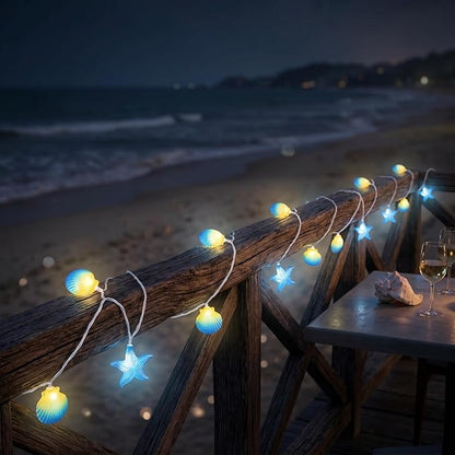 8.5Ft Beach Themed Seashell String Lights, 10L LED Starfish Seashell Lights Plug in for Boho Coastal Bedroom Seashell Party Nautical Party Holiday Decor, Indoor Outdoor
