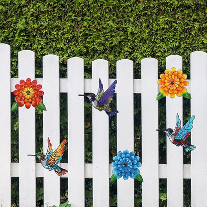 3D Metal Hummingbird Flower Wall Art Garden Decor, 6 PCS 6“ Birds Sunflower Outdoor Wall Art, Floral Wall Hanging Art Sculpture Outside Garden Living Room Porch Yard, Gift for Women Mom