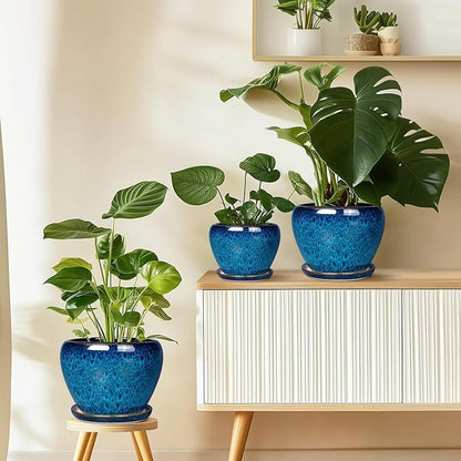 Unijoy Ceramic Plant Pots Indoor Planter - 6 8 10 inch Flower Pot Set with Drainage & Saucer - Large Outdoor Decor for Round Succulent Small Cactus Modern Style - Gift for Plant Lovers
