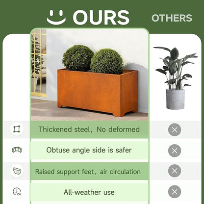 Corten Steel Planter Box-36"x15"x15"-Large Rectangular Planters For Outdoor Plants, Heavy Duty Rustic Tall Planter With Raised Support Feet For Patio, Deck, Garden, Yard, Drain Holes, Easy Assembly