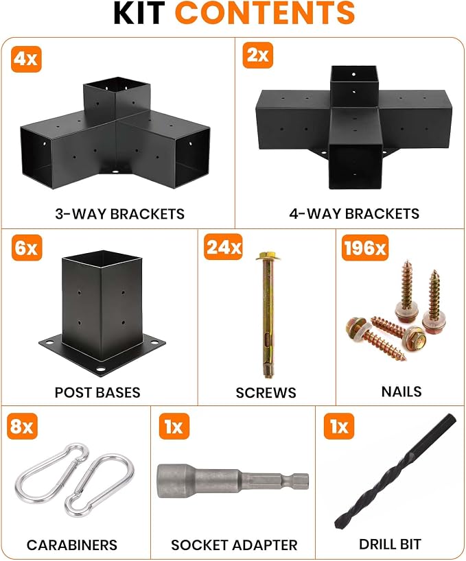Pergola Bracket Kit 4x4 (Actual 3.6 x 3.6 in), 3-Way Corner & 4-Way Center Brackets with Post Base Set, Heavy Duty 2mm Steel Hardware with Hooks for Patio, Gazebo & Backyard Build