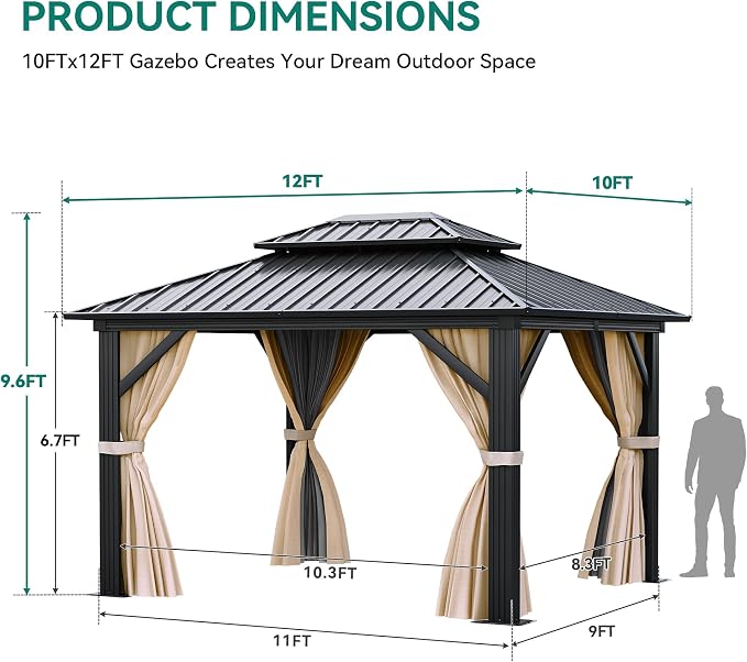YITAHOME 10x12 ft Hardtop Gazebo with Netting and Shaded Curtains, Outdoor Metal Gazebo 2-Tier Hardtop Galvanized Iron Aluminum Frame Garden Tent for Patio, Backyard, Deck and Lawns