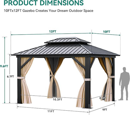 YITAHOME 10x12 ft Hardtop Gazebo with Netting and Shaded Curtains, Outdoor Metal Gazebo 2-Tier Hardtop Galvanized Iron Aluminum Frame Garden Tent for Patio, Backyard, Deck and Lawns